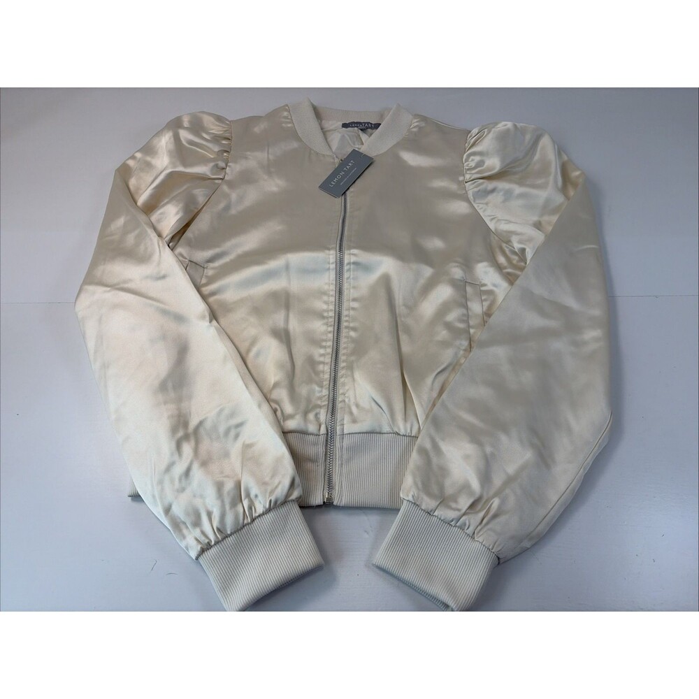Lemon Tart Satin Bomber Jacket Womens Ivory Size Small